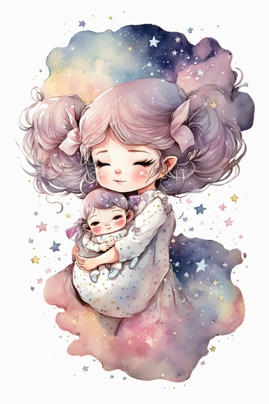 Illustration of chibi mother and baby with pastel galaxy stars, clipart image, watercolor, digital art, sharp edges, no shadow on background, white background