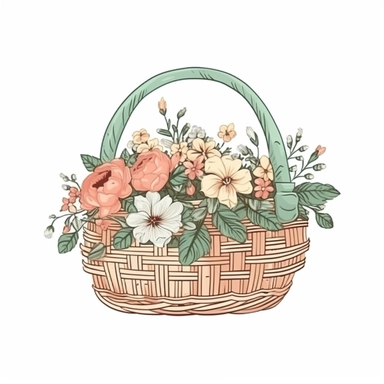 vintage flroal basket sublimation clipart, vector, illustration, 2d, flat colors, isolated background