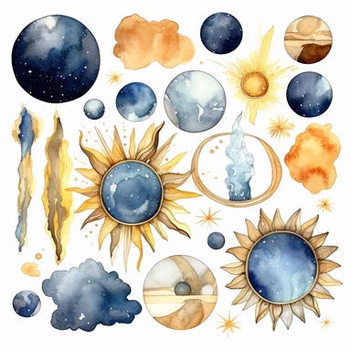 celestial clip art, light blues and golds, crystals, mushrooms, suns, planets, watercolor, clipart