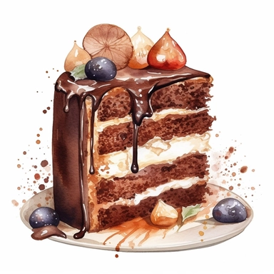 watercolour chocolate cake with cream and decoration, clipart on white background, no watermark, highly detailed, professional color gradation, clean sharpness
