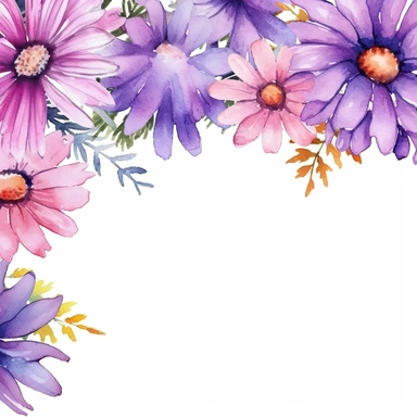detailed vibrant watercolor rectangle purple daisy flower border with cute border line and with wide middle white space , isolated on white background, realistic, clipart