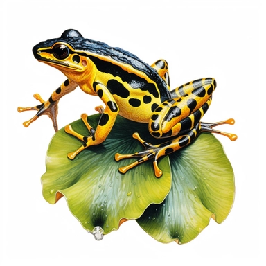 south american poison dart frog on a lily pad, jumping, scales, clipart, white background, realistic painting