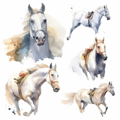 Watercolor horse racing , illustrations clipart set, simple, white horse , cartoon elements, different variants , separate elements with a margin