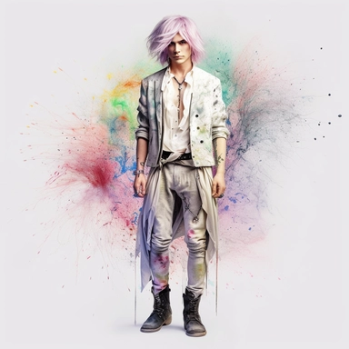 ethereal male multicolor hair facing the camera, eye contact, fantasy, full body, fairytale dreamlike look, clipart with watercolor splash background, with transparent background, hyper realistic, professional photography, super detailed