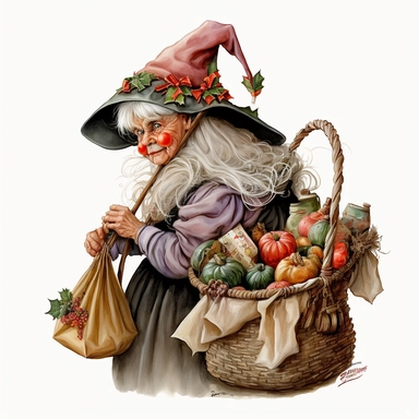 la befana the Italian christmas witch, bag of toys, sweets, folklore, watercolor, white background, clipart