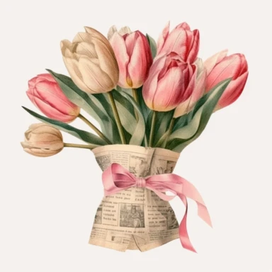 watercolor pink and white tulips stand upright in a cone made from a vintage french newspaper, the newspaper is tied with a pink ribbon clipart no background, 4K