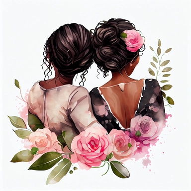 Watercolor black women best friends hugging each other sitting with their backs together with pink roses and delicate vines clipart