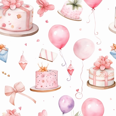 A cute collection on white with margins of birthday icon birthday cake, balloons, hearts, flowers, presents, watercolor, vector, clipart, elaborate, ultra - detailed, soft colors, rose gold and pink high definition, UHD