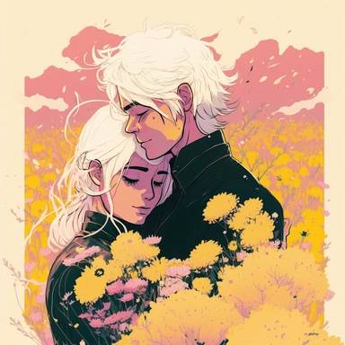 Dreamlike hyper realistic illustration of a couple in love embracing. The man has black hair. The girl is has white hair. In a field of pink and yellow flowers. Flat colors, simple lines, gorgeous lighting, graphic novel style, 2d painting, ink painting style, digital art, childrens character design, happy mood, pixar style cartoon, line work, minimalist, watercolor, 8k, PNG, clipart on white background, sticker style, studio ghibli vibe, studio ghibli style