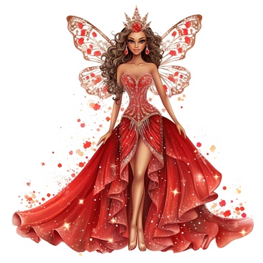 glitter hand illustrated barbie inspirred brown skin fairy floral accents bright red and sparkly sequins accented gown semi transparent flowy dress pretty wings hyper realistic watercolor smiling lips big eyes pretty fairy no background clipart style full body jewels gemstones sparkly diva with crown intricate details