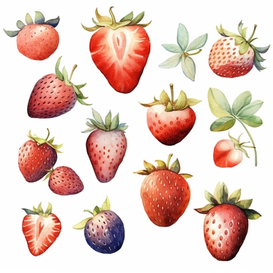 Strawberries watercolor clipart, white background, neutral muted colors, high quality, hyperrealistic, detailed, red, blue, white, picnic