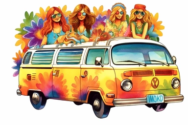 Colorful retro groovy 1970s clipart, watercolor