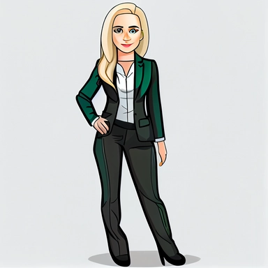 A clipart of a full body, blonde girl, blue-green eyes, who works as a lawyer, happy, white shirt, black pants.