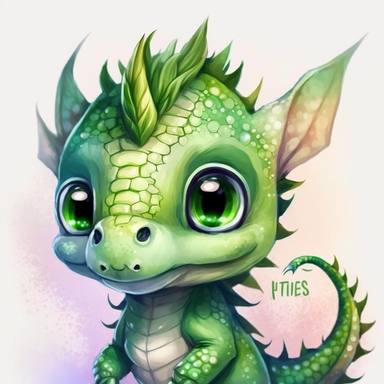 a watercolor painting of a Tiny cute adorable baby dragon looking directly into the camera and slightly smiling, dragon has little braid of hair in the centre, green color, watercolor painted effect skin, intricate details, glass eyes, skip has watercolor painting effect, soft cinematic lighting, 8k, portrait, Pixar style character, pokemon anime style octane render, upper body only, inspired by Hanns Katz, logo, pastel colors, liquid cooled, 70's, clipart, chill out, retro, full body, white bac