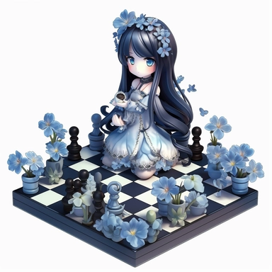 cute little dark magent + blue chess surrounded by flowers Beautiful Gothic Fantasy, 3d objects, clipart, white background, kawaii