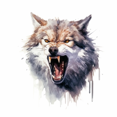 watercolor, white background, no text, clipart of a powerful and intense moment of a growling wolf. The wolf is depicted in a dynamic pose, capturing its strength and ferocity. Its body is depicted in a crouched position, ready to pounce, while its head is held high and its mouth is open in a menacing growl. The wolf's fur is illustrated in intricate detail, showcasing its thick and layered coat. Shades of gray, brown, and black are used to depict the wolf's natural coloration, adding depth and 