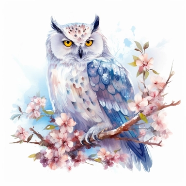 floral white owl sitting on a branch clipart, watercolor technique, 8k detailed digital art, bright, colorful, soft lightning, sharp clear focus, detailed, sharp, on a white background