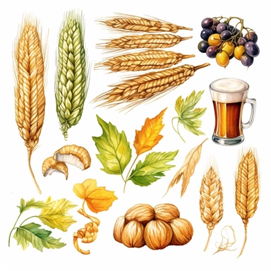 beer ingredients like barley, hops, and yeast, showcasing their natural beauty and textures, full color, clipart, watercolor illustration, single object, high definition 8k, white background for removing background