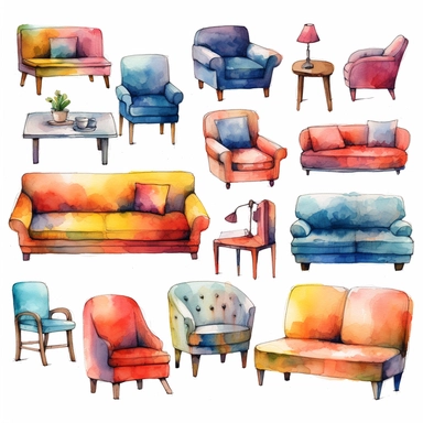 watercolor, Set of furniture for living room isolated on white png Full body realistic cartoon in 32K UHD cute. 15 cm thick outline. Black color. There was no shadow on the ground. 8k with realistic watercolors and detailed illustrations. PNG clipart, tra