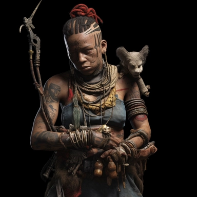 a man wearing tribal clothing and doll head necklace post apocalyptic, unreal game engine style, different poses, detail, clipart, black background, one of a kind--ar 16:9
