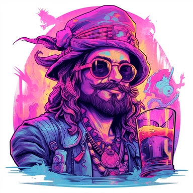 synthwave-styled drunk Pirate, watercolor , in the style of dan mumford, light magenta, tropical symbolism, cute and colorful, transparent layers, rounded, vibrant and colorful, clipart, white background, high detail, individual elements