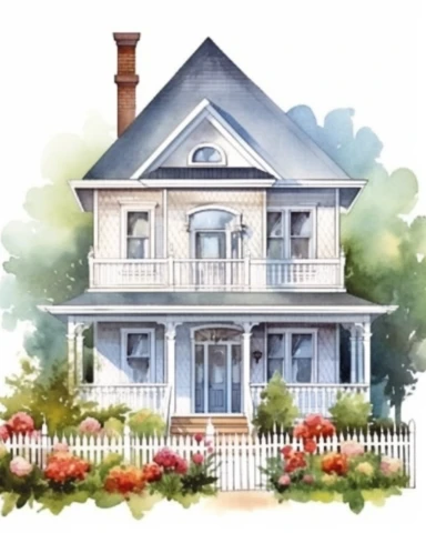 Watercolor clipart huge victorian house with conical roof, with lush garden and big flowers and white wooden fence, side view, realistic, isolated on white background