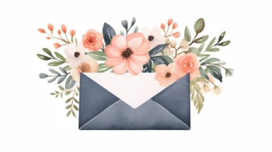 Maggie Holmes style, open envelope with flowers, clipart, white background