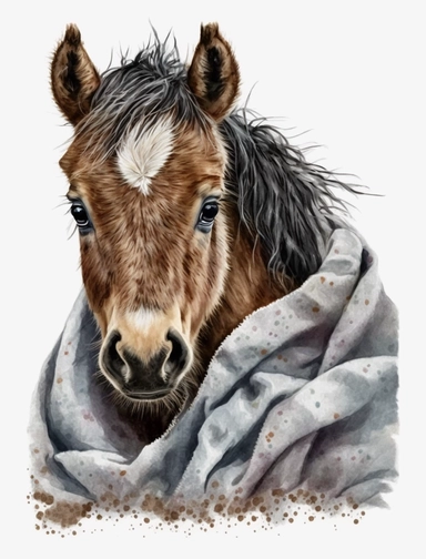 baby horse in a blanket, watercolor clipart, transparent background,