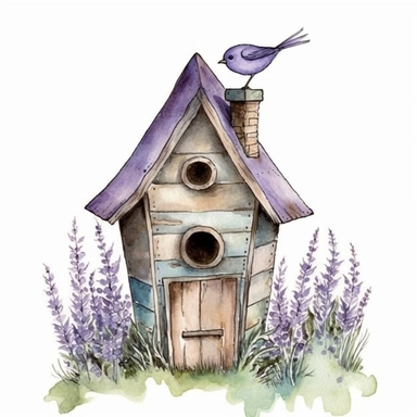 Clipart, lavenderaround wooden bird house, watercolor, whimsical, enchanting, nostalgic, minimalistic