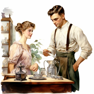 handsome young barista standing and serving coffee on the table for beautiful lady sit on a chair diaries, in style of hans zatzka, Edward Robert Hughes, hyper-realistic painting, clipart, high details, watercolor illustration, clipart, vintage theme, white background