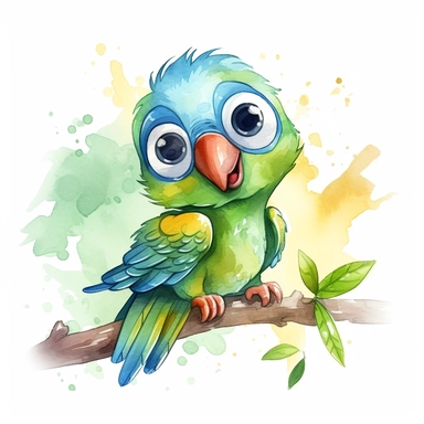 an happy and cute, with big friendly eyes, single parrot cartoon, clipart, watercolor. The image should have a modern and elegant design style, illustration for kid's book like, watercolor painting combining organic shapes and fluid lines, but with exaggerated and comical features that emphasize the parrot's size and strength. Incorporate an jungle feel with the parrot sitting on a branch and showcase the parrot's natural habitat. hand-Drawn elements capture the details. Use vibrant shades of va
