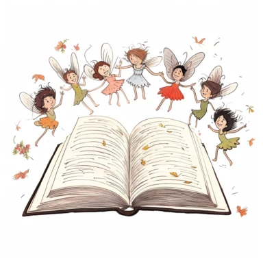 open book with whimsical fairies flying out of the middle clip art style clean lines white background soft colours