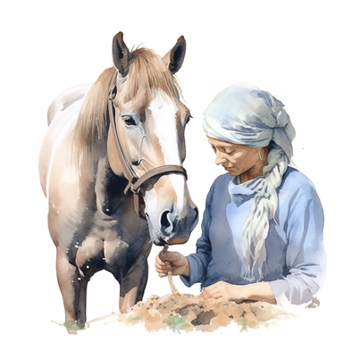 realistic watercolor drawing of a farm woman taking loving care of a pony on a charming farm, on a white background where the background will be removed to repurpose as a clipart.