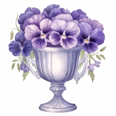 Design a dreamy watercolor clipart of a cluster of Violet Floral in a Chalice cup composition, with soft and graceful brushstrokes in a delicate color palette in shades of purple, blue, or white. Infuse the artistic style of Serenity Blooms Watercolors fo