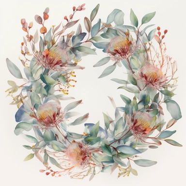 Watercolor Painting of beautiful multi - headed Eucalyptus Wreath FLOWERS on white background DETAILED ILUSTRATION, Flora Design Patterns, Flemish Baroque by Rachel Ruysch, Behance, Rococo, Intricate Detailed, Soft Light Effect, Oil Paint Strokes, Light Academia Aesthetic Flowers, Lighting cinematic, all shown shimmering stamens, tyndall light, texture, colorful, 8k, fantasy, ray tracing, vivid, spectacular lighting, octane rendering, highly detailed, ultra - realistic, white background, clipart