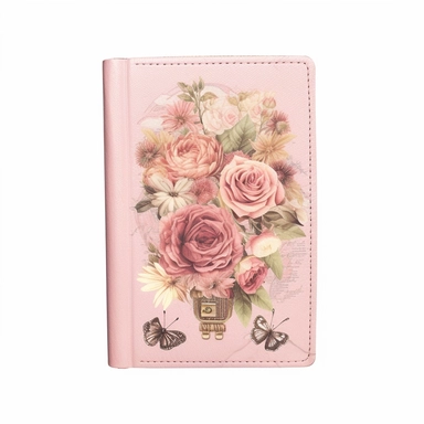 hand drawn , watercolor, hyper realistic, white background, white margins, 16k, ultra detailed clipart, cut out image, hand-drawn, ultra HD, sharp and clean art a vintage passport with delicate floral , capturing the romantic and feminine aesthetics often associated with vintage fashion and travel. light pink pastel