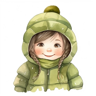 a happy little cute girl in a five-year-old, avocado green, winter, style by Lusy Fleming, folk art, watercolor, clipart elements, smooth gradients, black contour outline, ultra detailed, white background, super clear, high quality