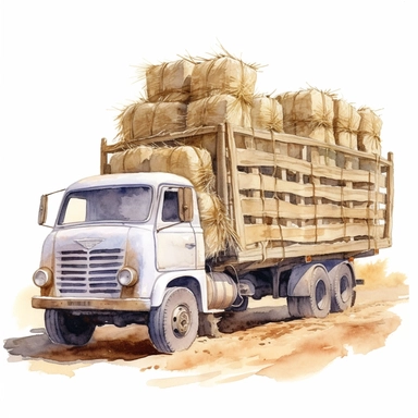 realistic watercolor drawing of a rustic truck in Spain with bales of hay, on a white background where the background will be removed to repurpose as a clipart.