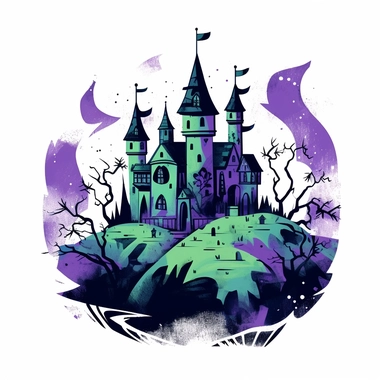 Belladona one witch castle clipart, clean lines, dark colors green black purple, horror style, white background