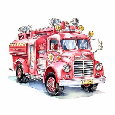Vintage Hand painted pastel clipart of a toy fire truck in the style of vintage nursery kitsch Lefton, retro midcentury 1950’s, white background, contour