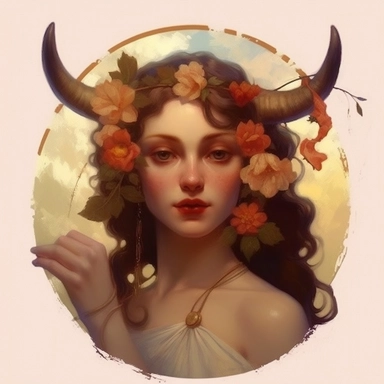 Taurus zodiac sign as fantasy girl with nose ring and earnings, and brown hair, Watercolor Zodiac Sign Clipart Astrology medea, Goddess of taurus, jasons golden fleece, ram horns, dragon, Medea, roses,