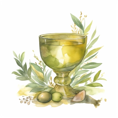 Graceful Baptism Watercolor Clipart - Sage Green and Gold Olive Oil: A symbolic representation of the olive oil used in some baptism ceremonies, painted in sage green and gold. The oil symbolizes strengthening for the journey of faith.