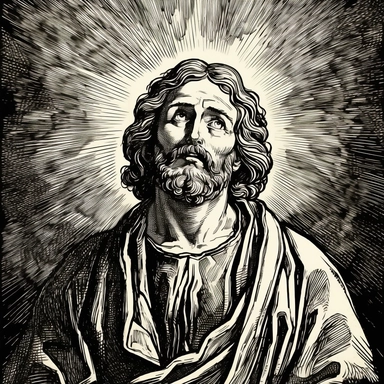 Saint Thomas the Apostle, cross-hatching style, witnessing the resurrection of Jesus, filled with awe and disbelief, detailed, inked line work, religious undertones, dramatic shadows, vintage clipart style
