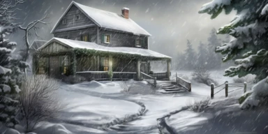 clipart of a beautiful winter scene of Hulk entering in a house with a large level yard, in a snowstorm, by a frozen pond, deep snow, a few pine trees with snow on them, grey sky, snow falling, hyper realistic, high definition, sharp focus,