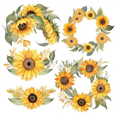6 Watercolor Sunflowers Clipart, sunflower wreath, fall sunflower floral bouquets in PNG format instant download for commercial use in a propaganda style art