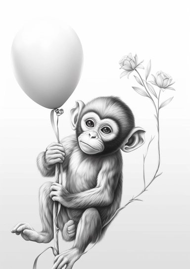 grayscale drawing, coloring for adult, cute baby monkey, sitting pose, balloon on a string, 8k high definition, masterpiece, ultra sharp focus, high defined details, clipart, flowers in the background