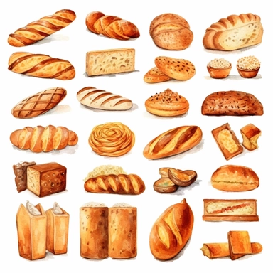 Watercolor baguettes, illustrations clipart set, simple, soft colors, cartoon elements, different variants, bread from around the world, wooden elemnts, separate elements with a margin