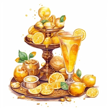 sweet colorful, gold, watercolor, honey Lemons Clipart, Macaron,boba drink, lemon drink,variety of fruit juice drippin, on luxury stand, luxury Icon Set, detailed, isolated white background, hand painting , single design
