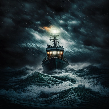 stormy, light from a flashlight from a boat at a distance, at sea, clipart