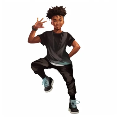 Cool cute black kid dancer, cool dancing clothes, male black boy, watercolor style, clipart solid white background